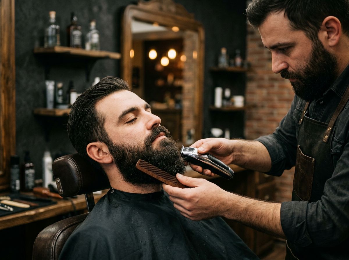 Barber shaping a client’s full beard with a trimmer (stand-in photo)