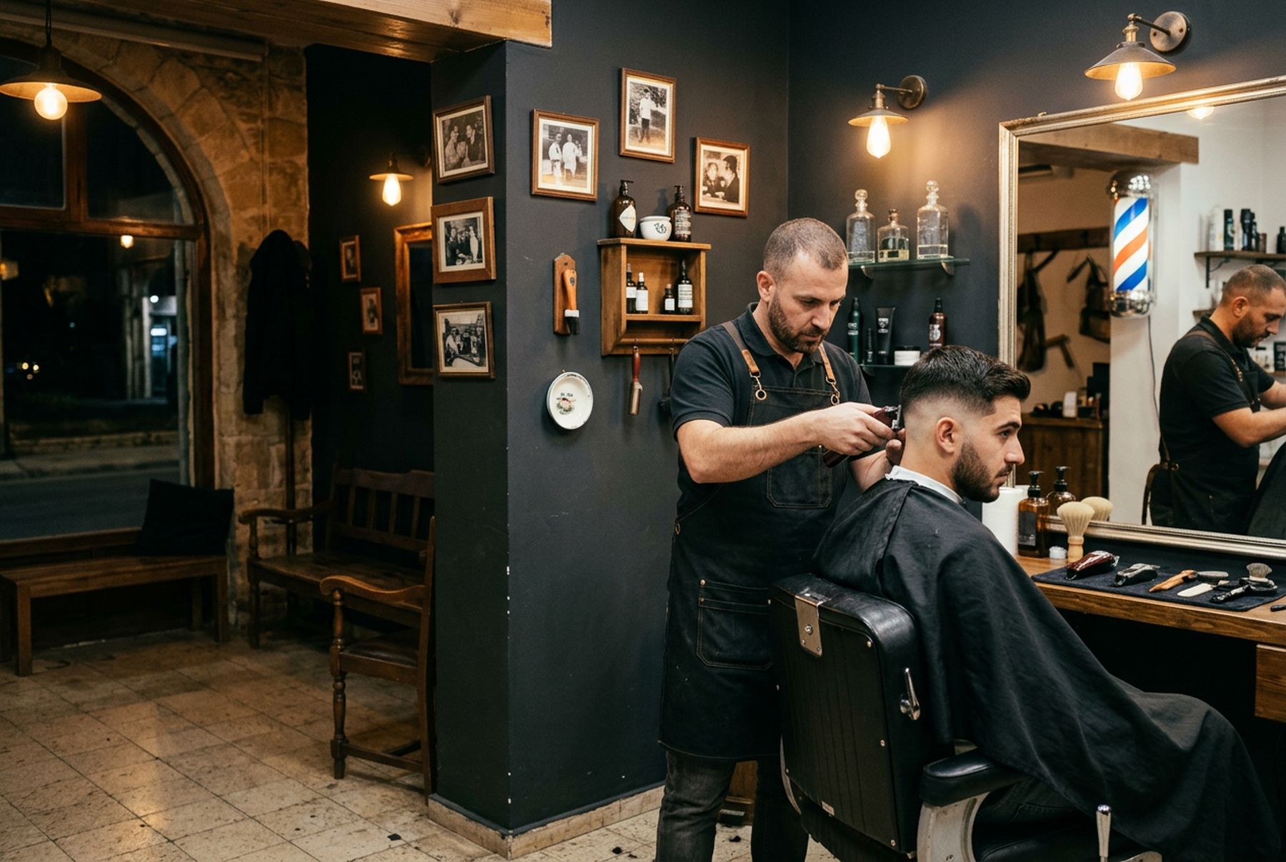 Barber giving a client a skin fade in a traditional barbershop (stand-in photo)