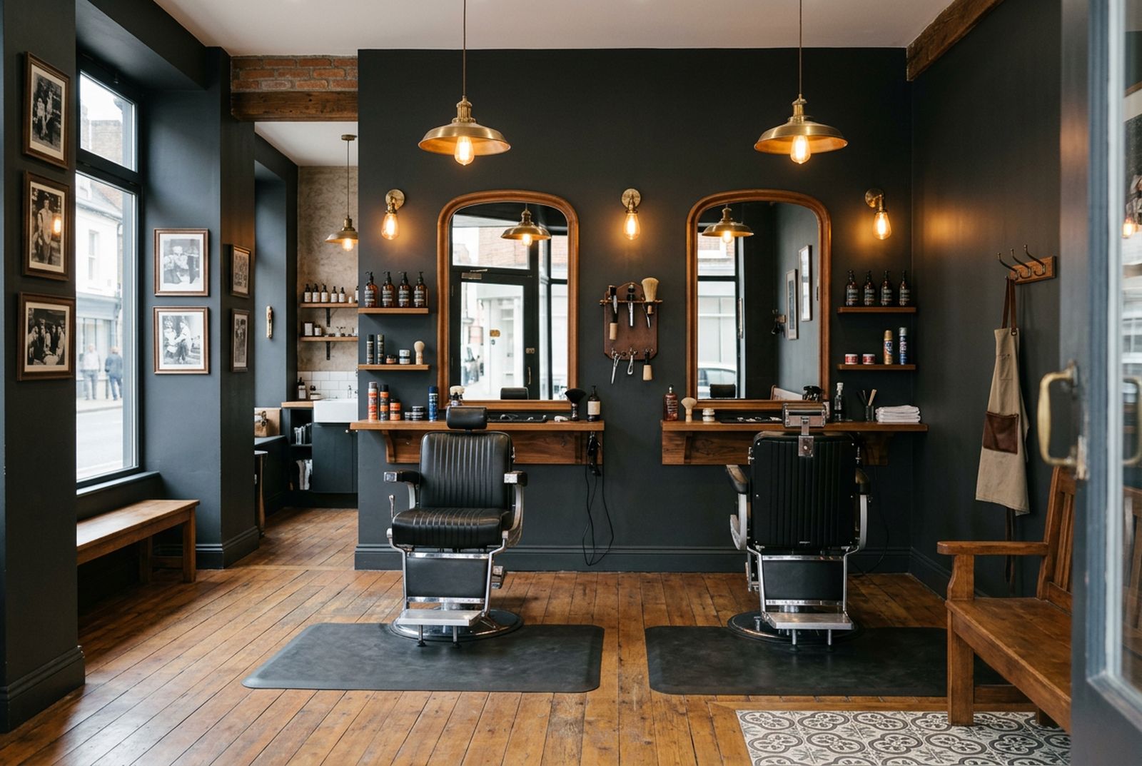 Barbershop interior with two black leather chairs and large mirrors (stand-in photo)